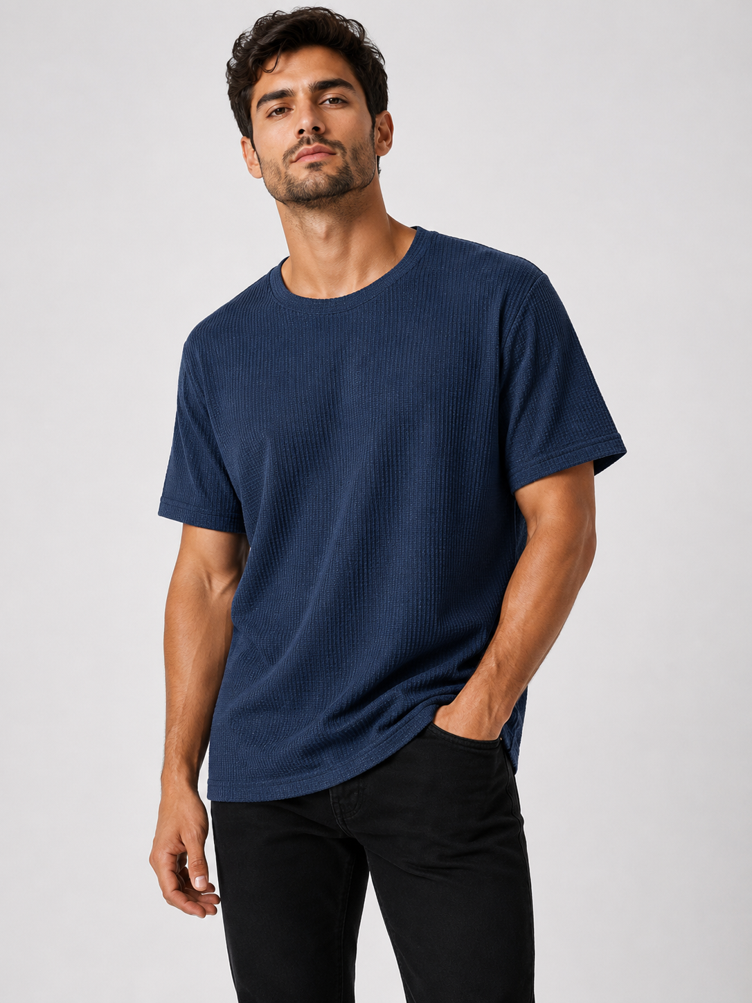 Textured Waffle-Knit Tee (Navy)